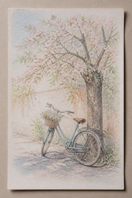 竖幅彩铅与水彩作品：一辆复古自行车靠在开花的树下，完整画纸可见。